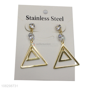 Recent design stainless steel triangle drop clear stone earrings