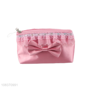 Wholesale bowknot cosmetic bag pu leather zippered makeup pouch