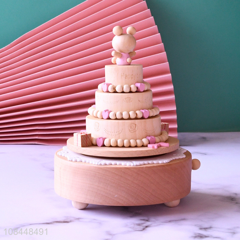 Wholesale bear cake music box beech wooden rotating musical box birthday gifts