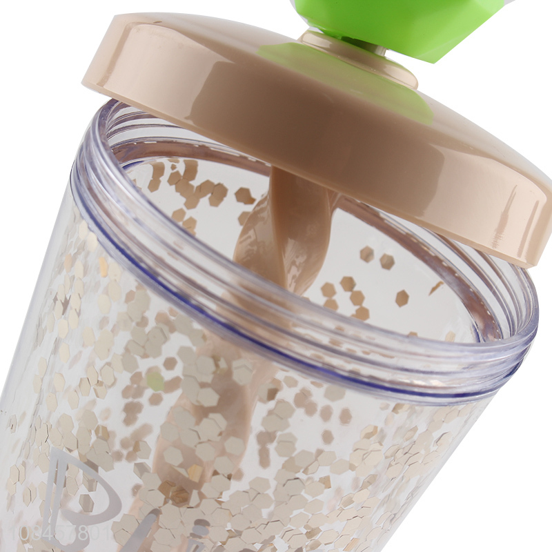Hot selling sequined double-walled water tumbler mixing bottle with straw