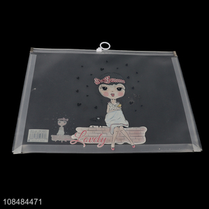 Wholesale transparent cartoon printed zippered plastic file bag for girls