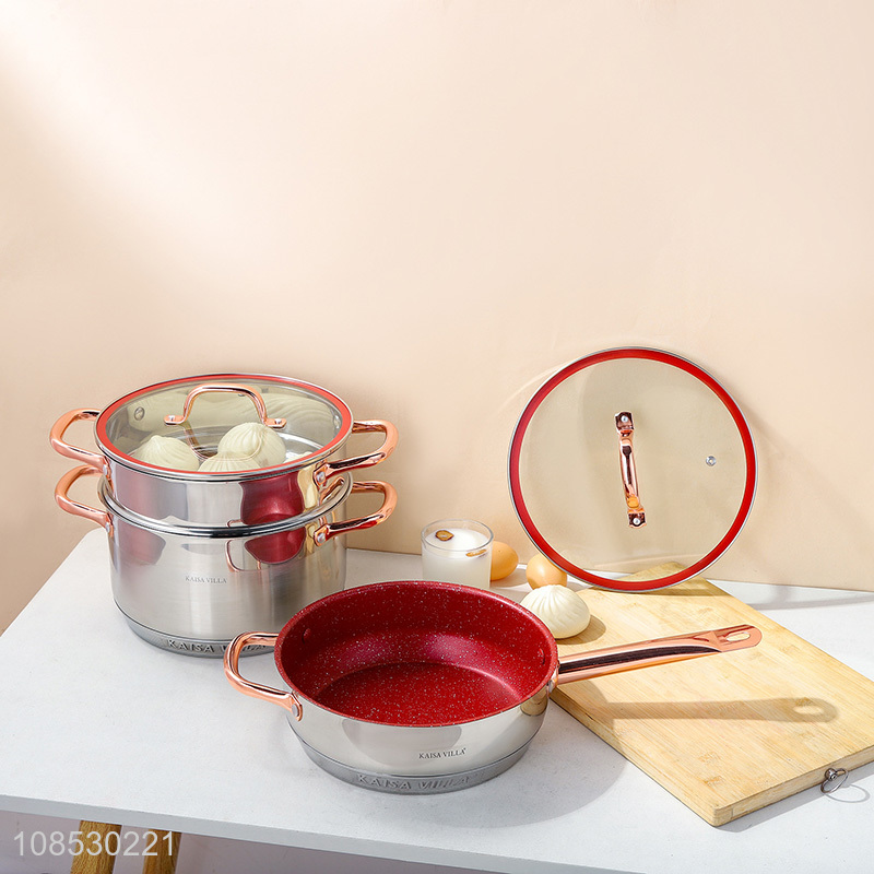 Wholesale stainless steel cookware set with saucepan soup pot frying pan milk pot steamer utensils