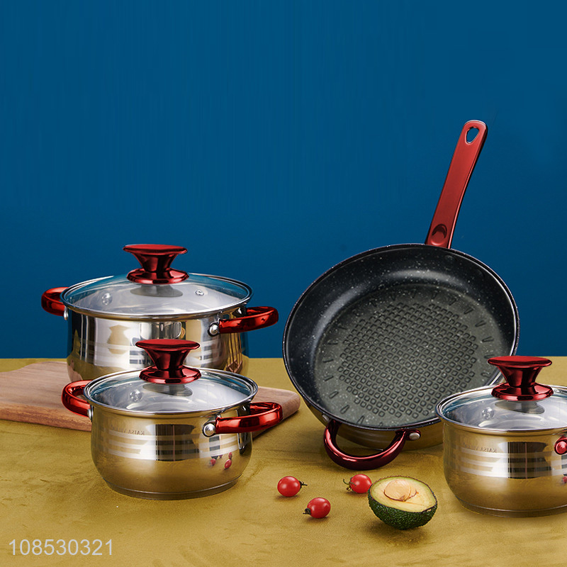 Wholesale 4pcs stainless steel cookware set with non-stick pot soup pot milk pot