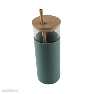 Hot selling glass water cup straw drinking cup with bamboo lid