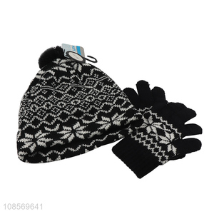 Factory direct sale winter knitted beanies hat set with gloves