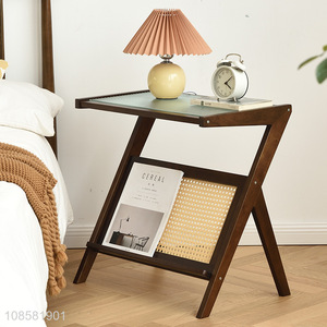 New product hand-woven rattan solid wood glass top end table
