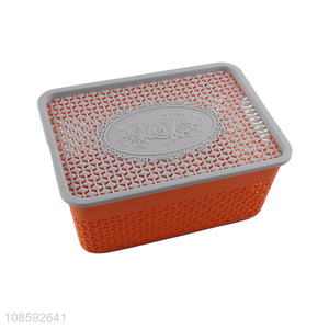 Hot sale multi-purpose hollowed-out plastic storage basket with lid