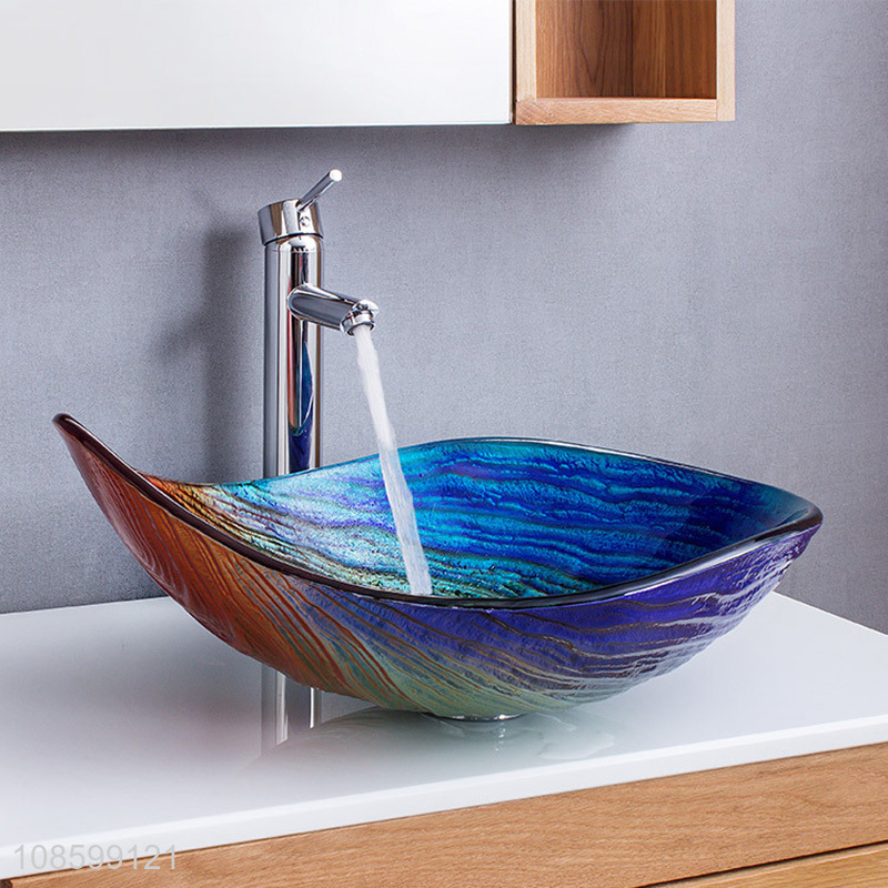 Factory supply boat shaped bathroom artistic glass vessel sink set