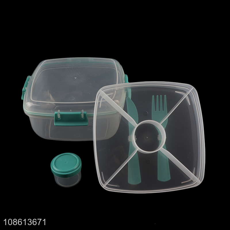 Wholesale clear double-layered plastic bento lunch box with knife & fork