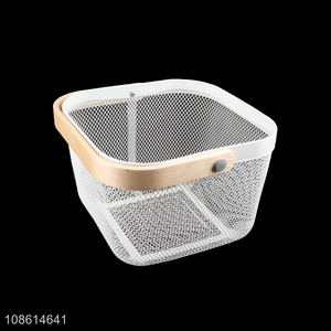 Yiwu factory metal hollow storage basket with bamboo handle