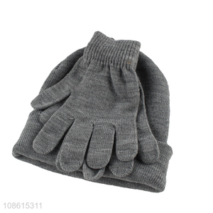 Hot selling grey thickened men hat gloves set for outdoor