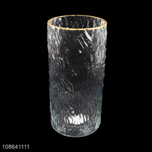 Wholesale home ornaments vertical clear glass vases with gold rim