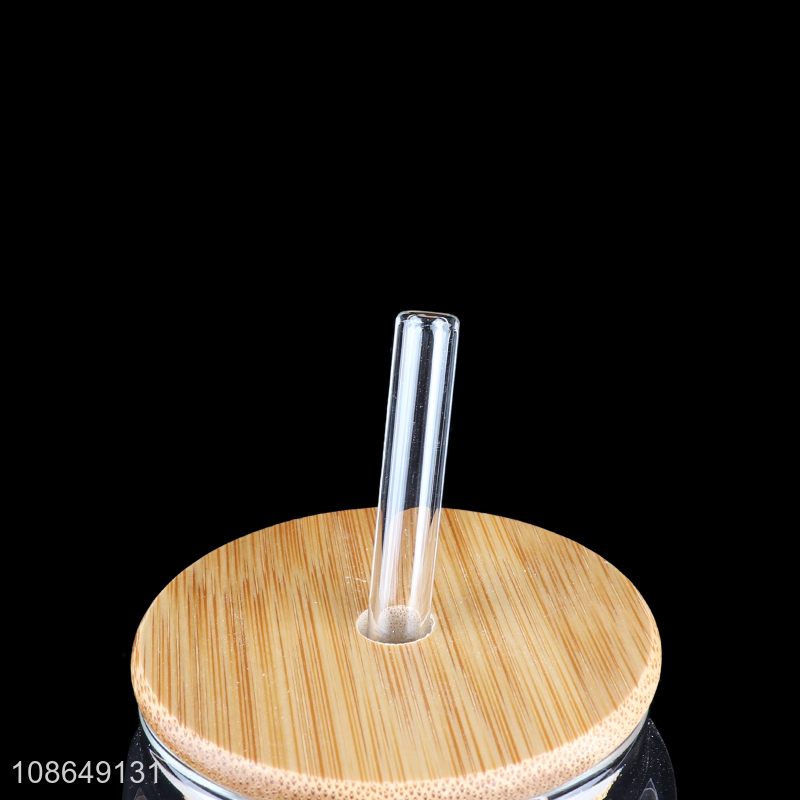 Online wholesale high borosilicate glass drinking cup with bamboo lid & straw