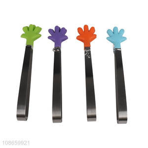 Factory price stainless steel silicone palm shape ice clip food tongs