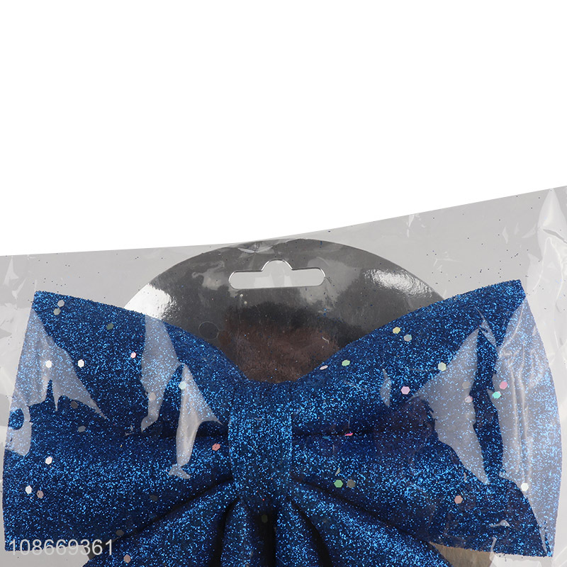 Hot selling blue glitter hanging bowknot for xmas tree decoration