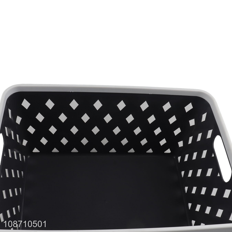 Hot selling multi-use hollowed-out stackable plastic storage basket for shelves