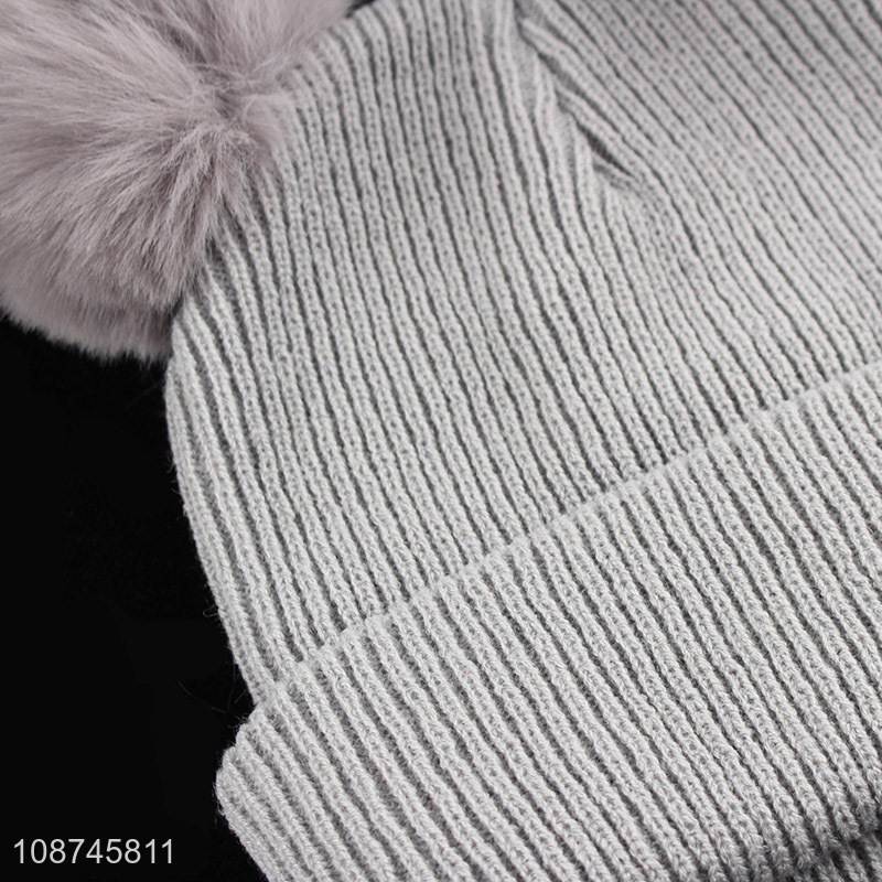 High quality women winter knitted beanie hat with double pompom