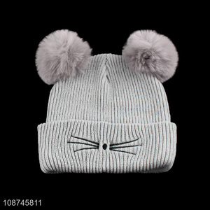 High quality women winter knitted beanie hat with double pompom