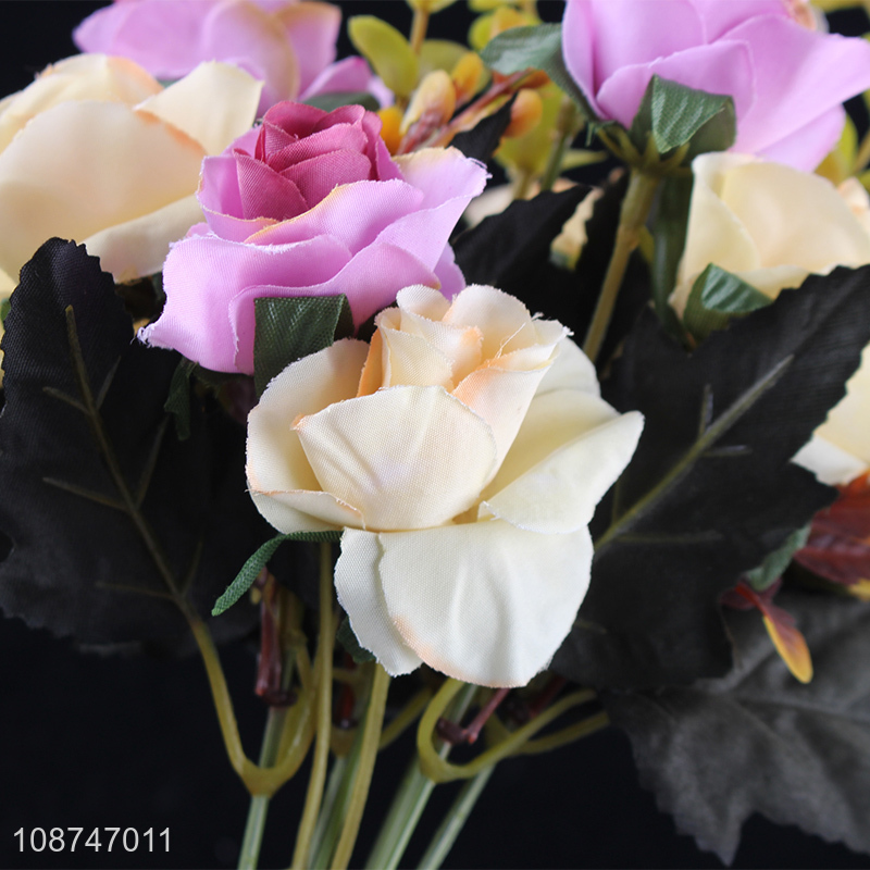 Wholesale 6 branch 12 head artificial flower bi-color rose for wedding decor