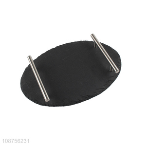 New product oval natural slate stone cake serving tray with handles