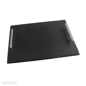 Wholesale rectangular natural slate stone serving tray with metal handles