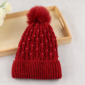 Yiwu market winter hat soft fleece lined pompom beanie skull cap