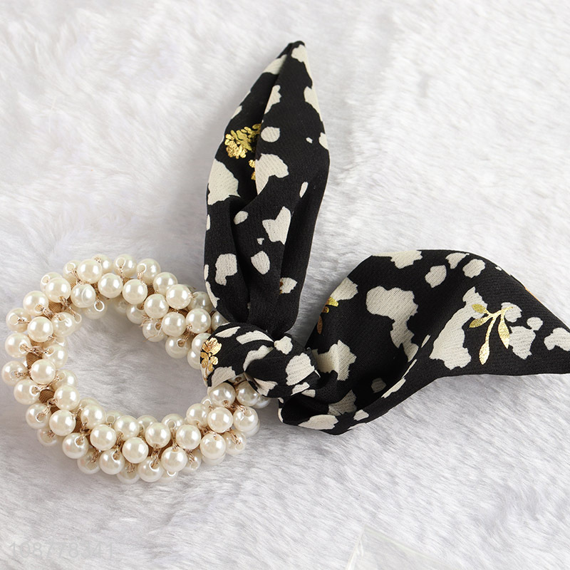 Factory price ribbon bowknot pearl hair ties