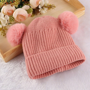 Good quality kids winter hat knit beanie with double pom pom