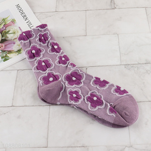 Hot selling floral jacquard cotton crew socks for women girls