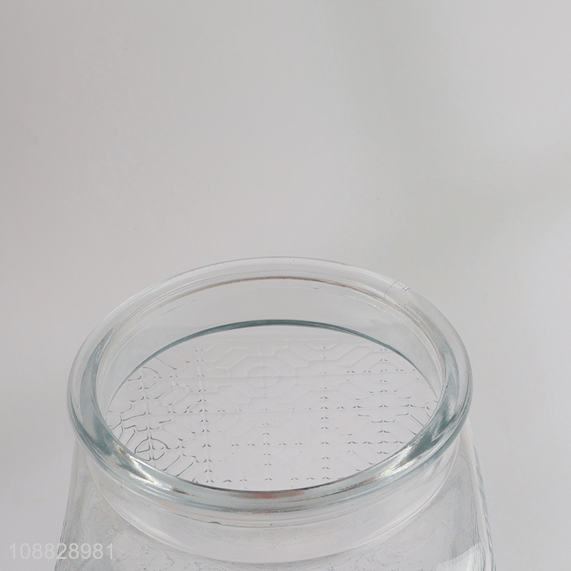 Good quality clear airtight embossed glass storage jar with wooden lid