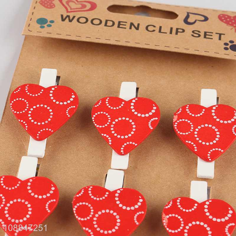 New style 6pcs heart shaped wooden clips set for school office