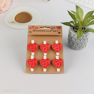 New style 6pcs heart shaped wooden clips set for school office