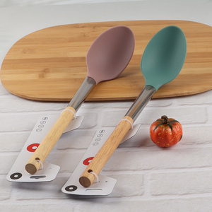 Hot selling kitchen cooking tool silicone nylon spoon with wooden handle