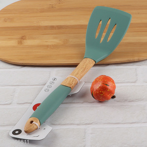 Factory supply flexible silicone slotted spatula turner with wooden handle