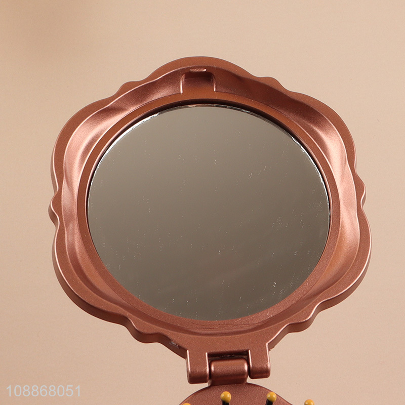 Wholesale mini pocket mirror folding rose shape compact mirror with brush