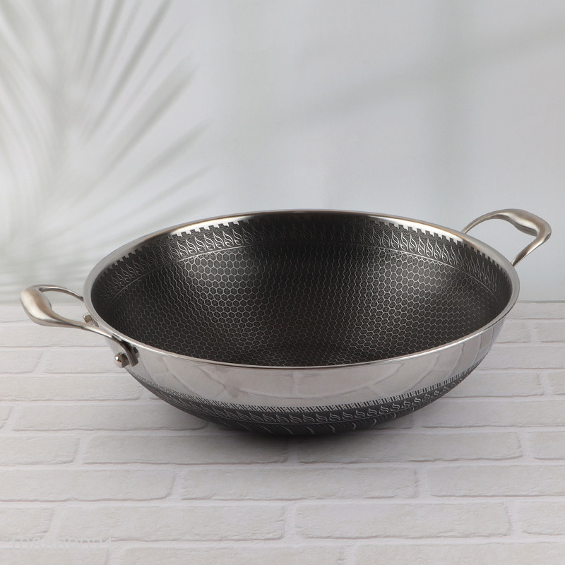 Wholesale 2-handle stainless steel non-stick wok pan with steamer for cooking
