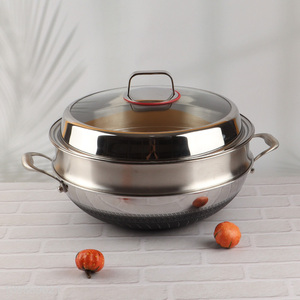 Wholesale 2-handle stainless steel non-stick wok pan with steamer for cooking