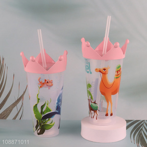 Good selling animal printed plastic water cup with straw&lights