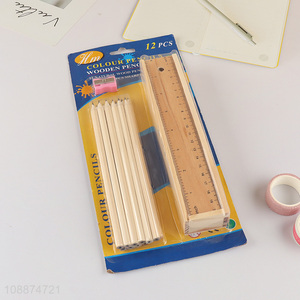 Best selling student stationery set wooden pencil ruler and pencil sharpener