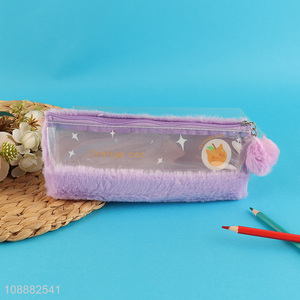 Hot items purple students stationery pencil bag with plush ball
