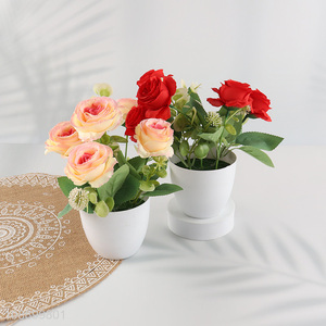 Wholesale artificial faux plant rose flowers with pot for dining table decor