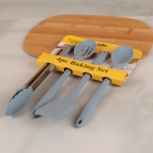 Low price 4pcs silicone kitchen utensils set food tong cooking spatula basting spoon set