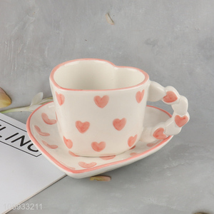 Good quality pink heart coffee cup saucer set for home