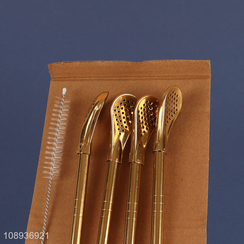 Online Wholesale 4+1 Stainless Steel Straw Spoons with Cleaning Brush