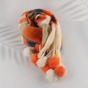 Good Quality Winter Scarf Striped Cashmere Feel Scarf with Pom Poms