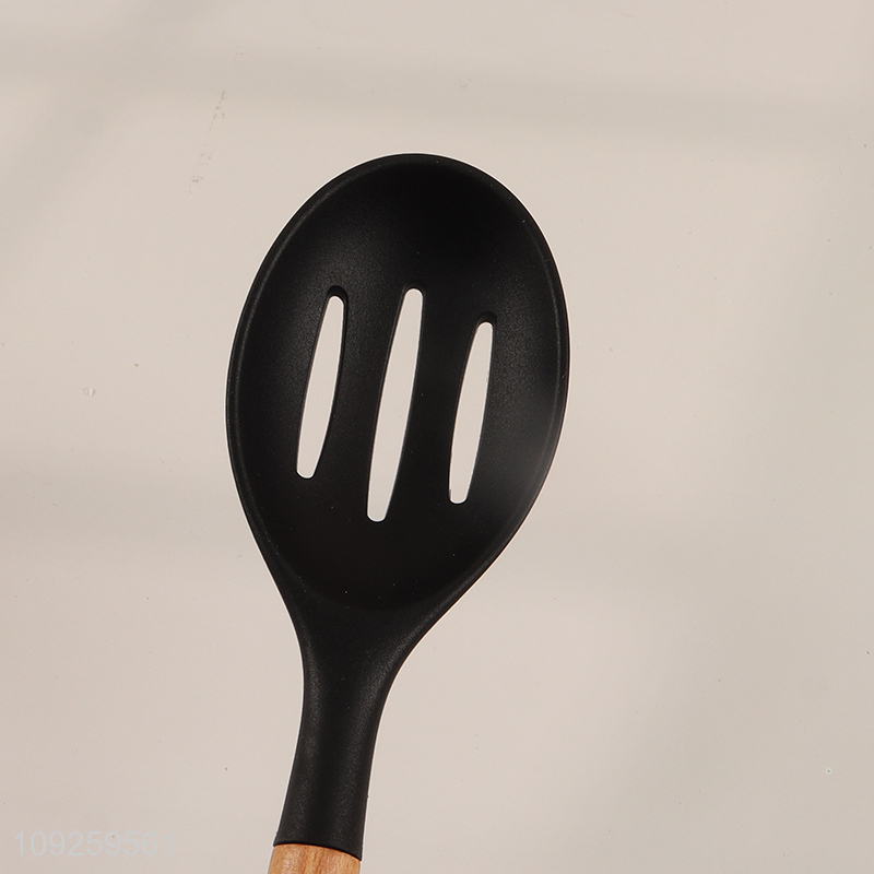Hot selling reusable wooden handle silicone kitchen utensil slotted spoon