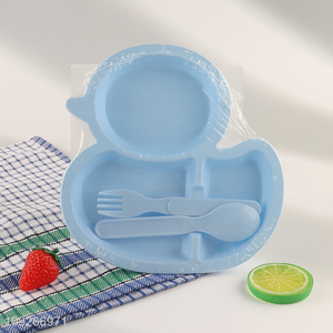 Hot selling duck shape plastic baby dinner plate set with fork and spoon wholesale
