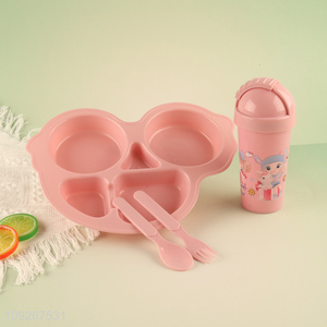 Good selling car shape pink plastic dinner plate straw cup set wholesale