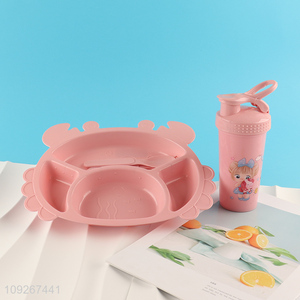 Good price pink girls plastic crab shape dinner plate and water bottle set