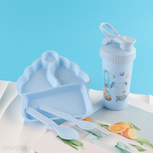 Most popular blue plastic kids dinner plate set with cartoon water bottle
